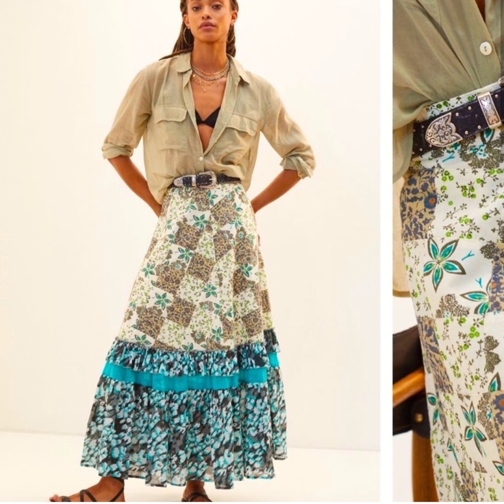 Boho Floral Patchwork Maxi Skirt in Teal and Cream